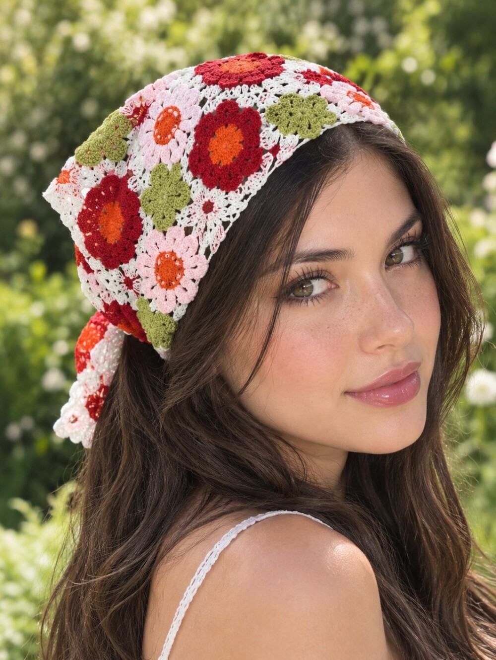Handmade Crochet Floral Headscarf in White with Red, Pink & Green Flowers